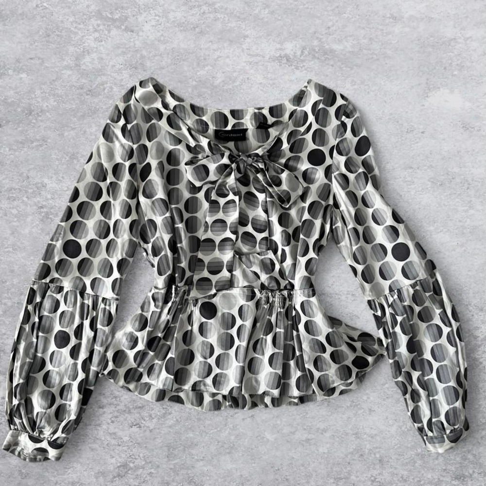 Context 100% Silk Polka Dot Bow Peplum Blouse‎ Gray White Size 6